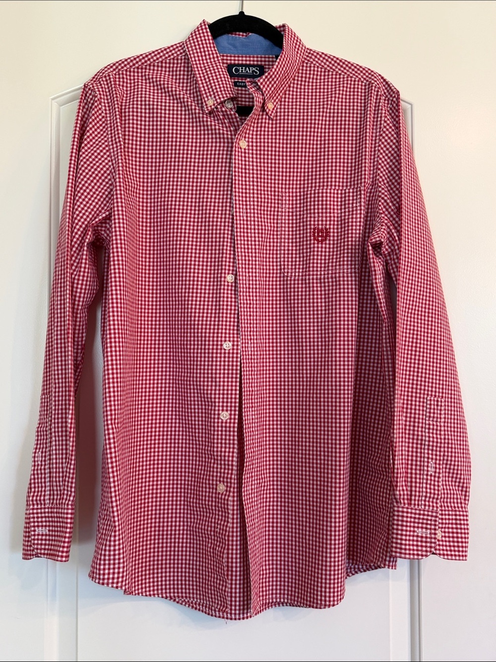 Chaps Red and White Gingham Button-Down Shirt, Size Medium